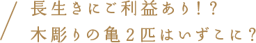 長生きにご利益あり！？木彫りの亀2匹はいずこに？